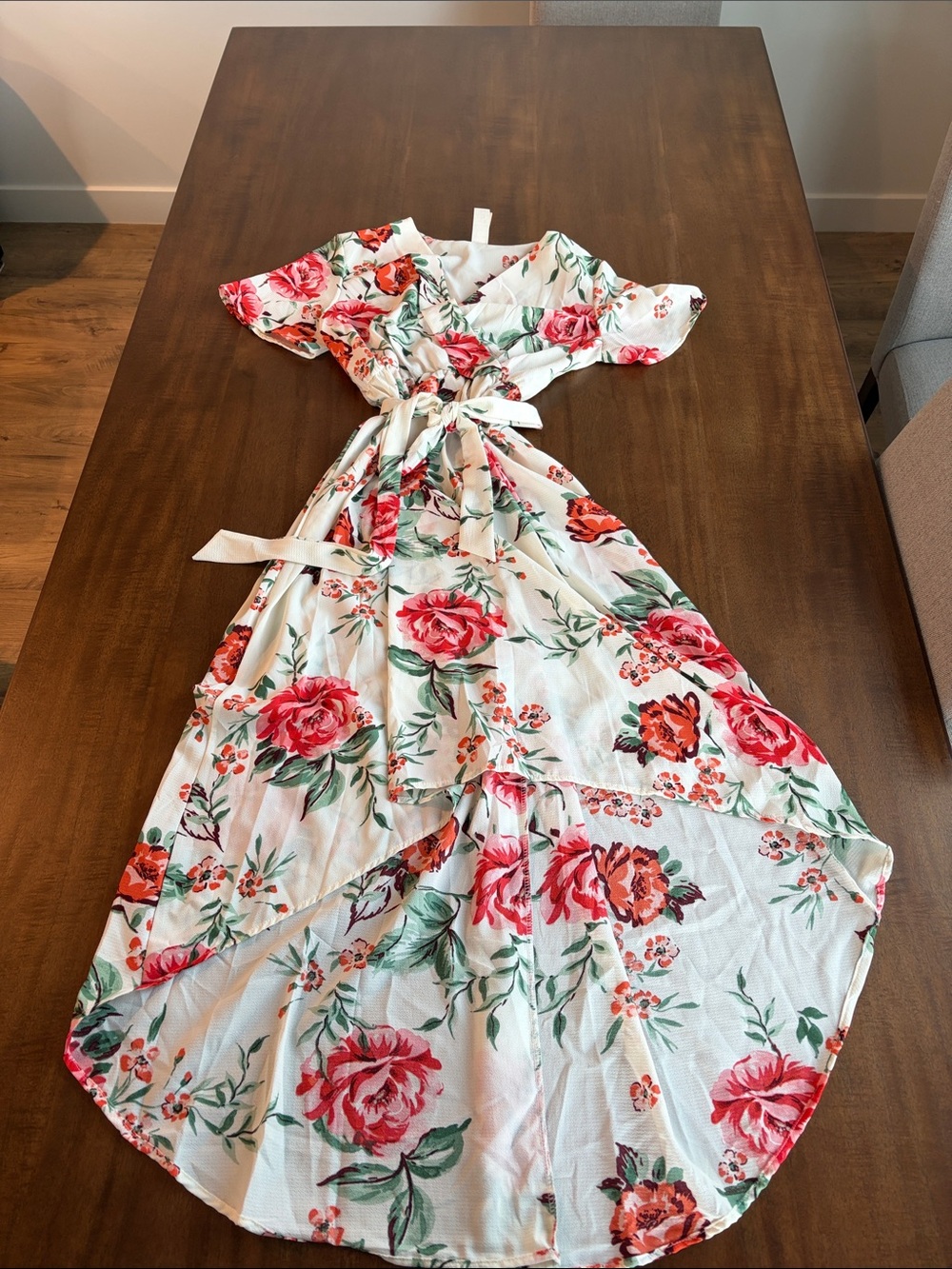 LARA White Floral High-Low Wrap Dress with Pink Roses
